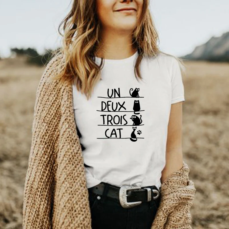 

Un Deux Trois Cat Shirt Women Cotton Funny T shirts Women Tops Vintage Tee Shirt Femme O-neck T-shirt White Graphic Tees Women