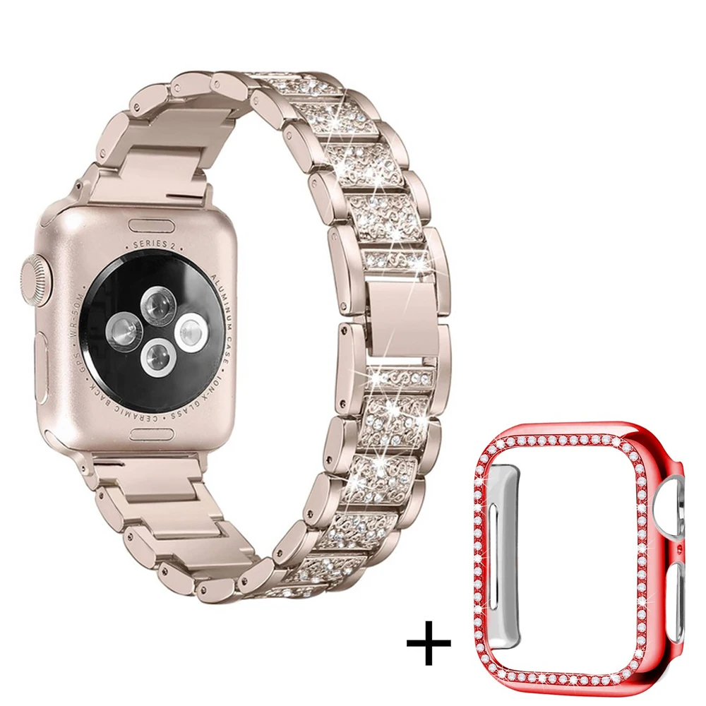 Retro-gold-red case Ремешок со стразами+ чехол для Apple Watch 38 мм 42 мм металлические стразы сменный Браслет для женщин iWatch 40 мм 44 мм серия 5 4 - Цвет ремешка: Retro-gold-red case