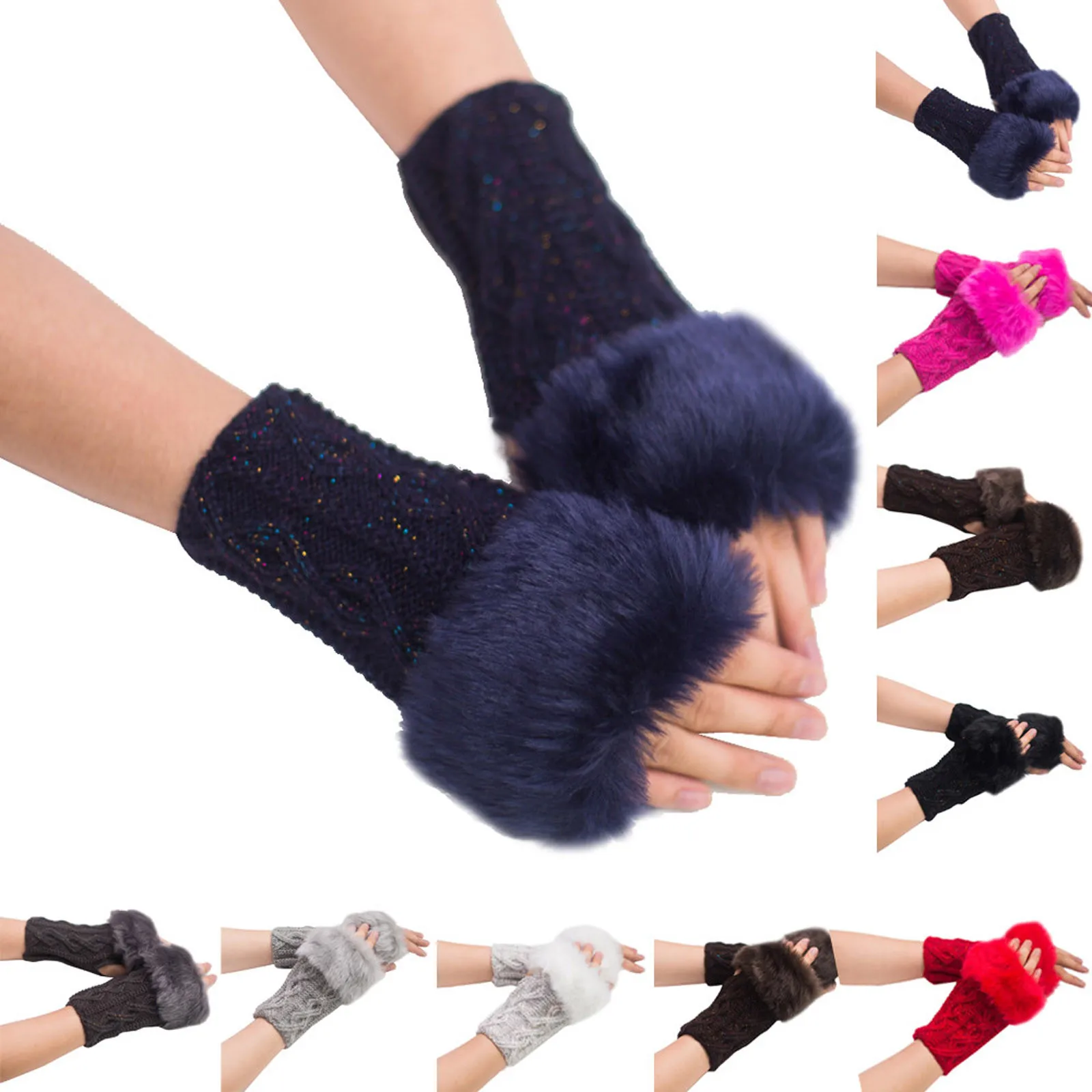 

Women Warm Winter Faux Rabbit Fur Wrist Fingerless Gloves Mittens Hot Women Winter Wrist Arm Hand Warmer Fingerless Gloves