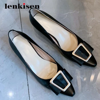 

Lenkisen hot concise style real leather butterfly-knot metal decorations small square toe thick med heel slip on women pumps L36
