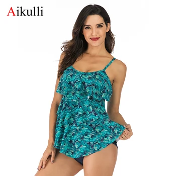 

Aikulli Swimsuit Women Two Piece V-Neck Tiered Ruffle Tankini Push Up Swimwear Print Plus Size Bathing Suits Low Bikini Shorts