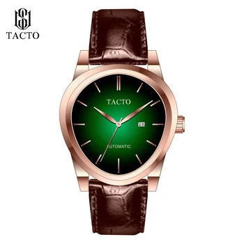 

New Tacto Luxury Rose Gold Watch Men's Automatic Mechanical Watches Classic Design Sports Watches with Brown Leather Strap