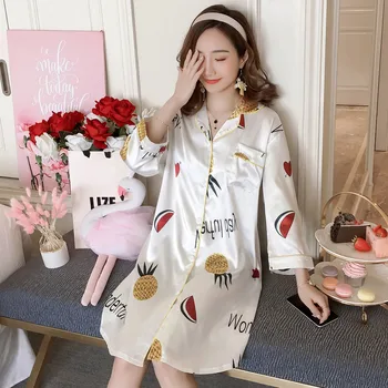 

White Print Sleepwear Nightgown Summer Women Sleep Shirt Satin Nightshirt Female Nightwear Silky Home Wear Plus Size 4XL 5XL