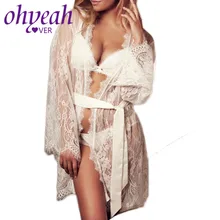 Ohyeahlover свадебное Короткое женское кимоно халат белый черный кружевной пояс ночной халат с длинным рукавом домашняя Ночная рубашка белье RL80528