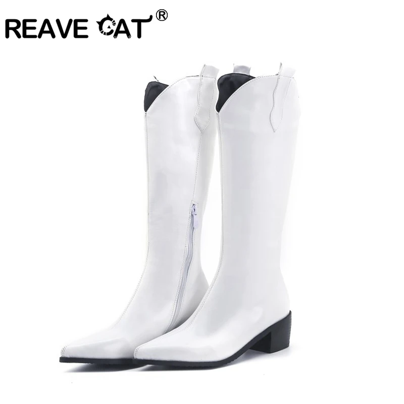 

REAVE CAT New Square High Heel Patent Leather Knee High Boots Women Pointed Toe Western Style Zipper Big Size 34-48 S2360