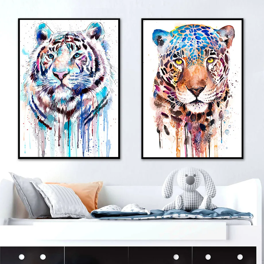 Colorful Lion Tiger Fox Parrot Panda Kids Wall Art Canvas Painting Nordic Posters And Prints Wall Pictures For Living Room Decor