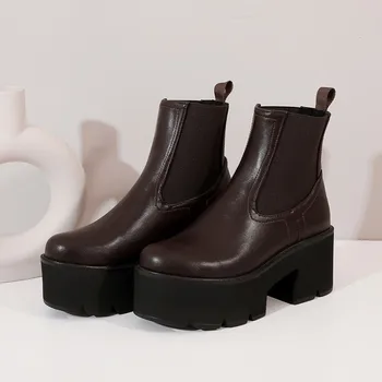 

US4-11 Womens Round Toe Platform Ankle Boots Motorcycle Block High Heel Shoe Warm Winter Punk Pull On Plus Size Black Coffee