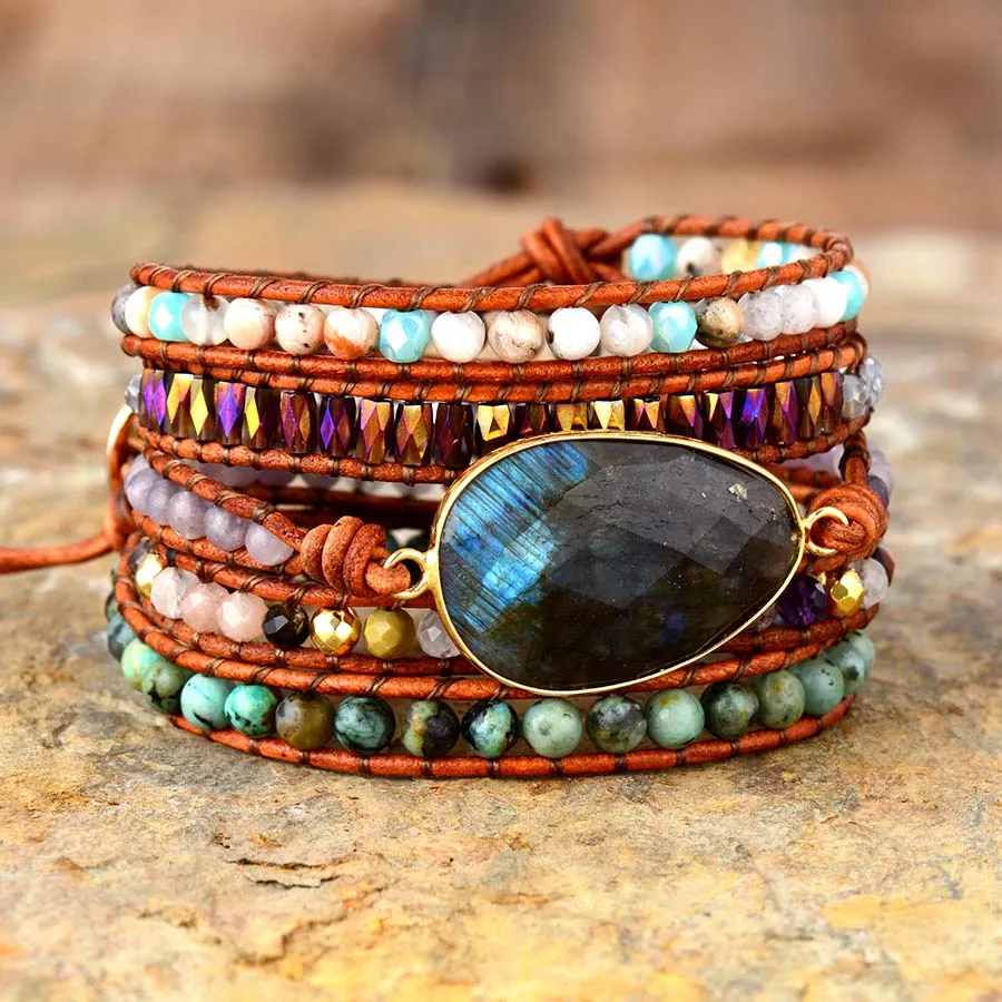 Exclusive New Women Boho Bracelets Labradorite 5 Times Leather Strap Woven Wrap Beads Bracelets Femme Dropshipping - Image 2