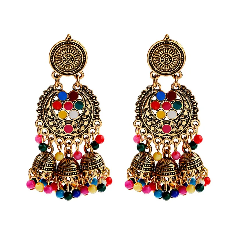Gold colorful beads TopHanqi, новинка, индийские серьги Jhumka для женщин, золотые, серебристые, металлические, цветные бусины, большой колокольчик, цветок, резная кисточка, висячие серьги - Окраска металла: Gold colorful beads