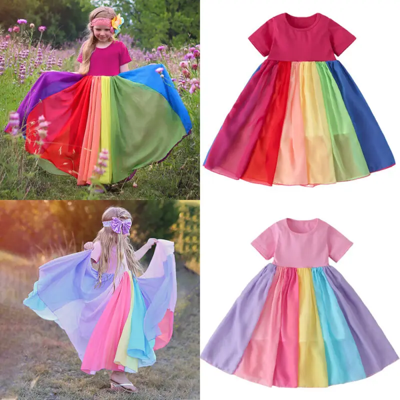 Красивое яркое платье-пачка для маленьких девочек вечерние платья принцессы с фатиновой юбкой радужной расцветки летние разноцветные платья с короткими рукавами, сарафан