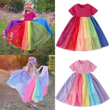 Красивое яркое платье-пачка для маленьких девочек вечерние платья принцессы с фатиновой юбкой радужной расцветки летние разноцветные платья с короткими рукавами, сарафан