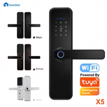 SmarDeer-cerradura electrónica WiFi para Tuya X5, cerradura de puerta inteligente de seguridad con huella dactilar biométrica, tarjeta inteligente, contraseña, llave y desbloqueo de aplicación