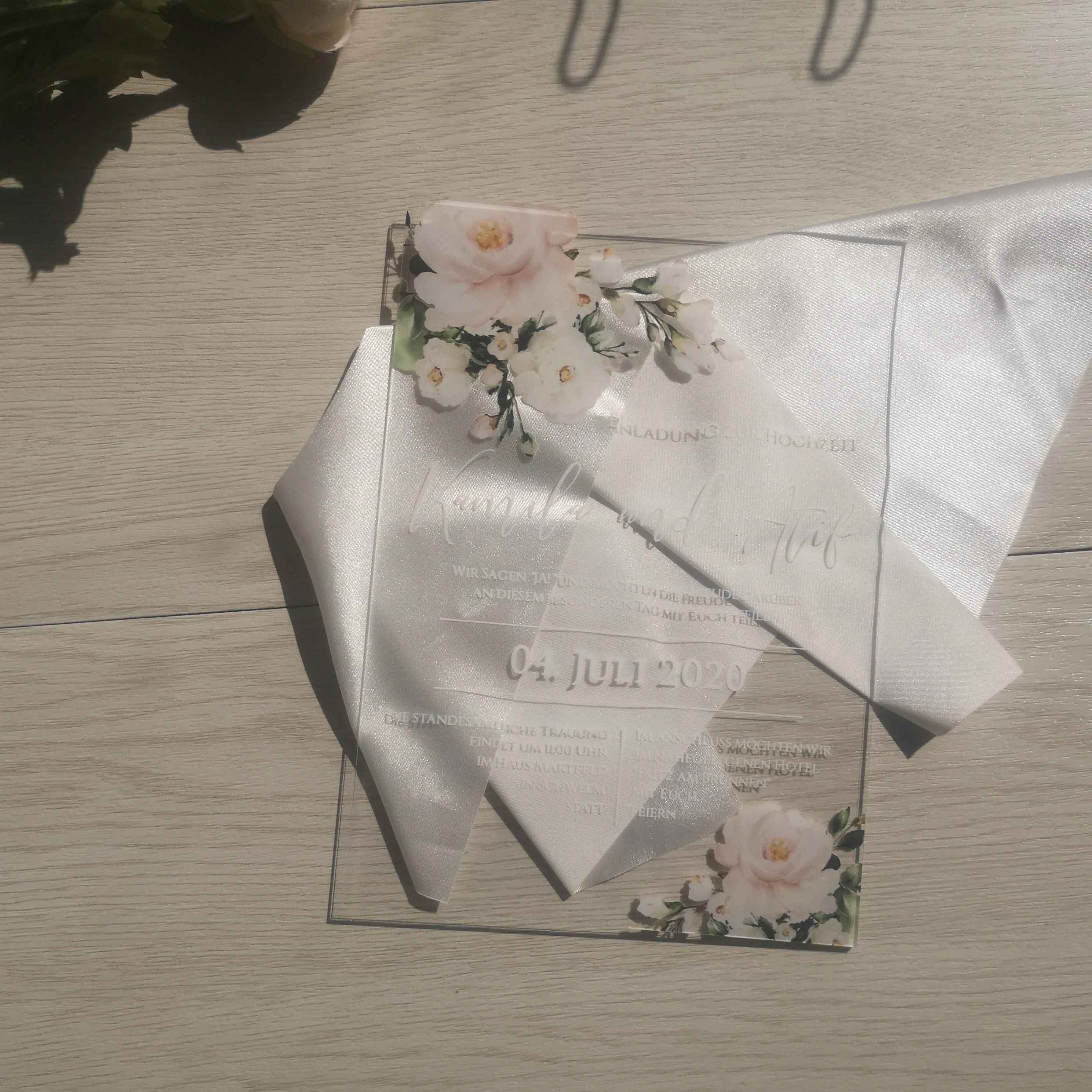 High Quality UV Printing 5pcs Transparent Acrylic Card With Printed Box Custom Acrylic Wedding Invitation Card With Stain Fabric