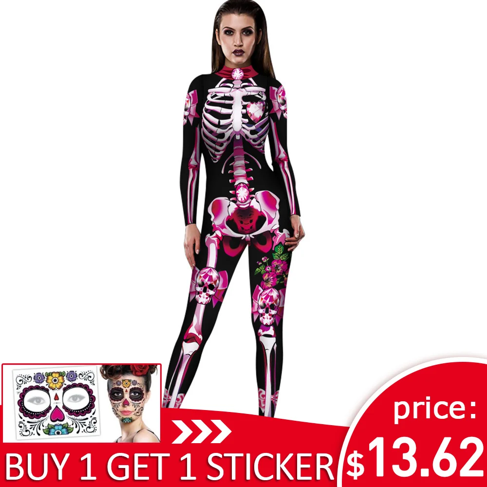 Tanie Kolor cosplayer nowe różane szkielet kostium 3D druku straszny Halloween kostiumy dla kobiet mechaniczna czaszka body plus size