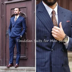 2Pcs Peak Lapel Jacket Pants Custom Made Blue Stripe Blazer Trousers Men's Suits Sets Groomsmen Wedding Party Wear Male Clothing