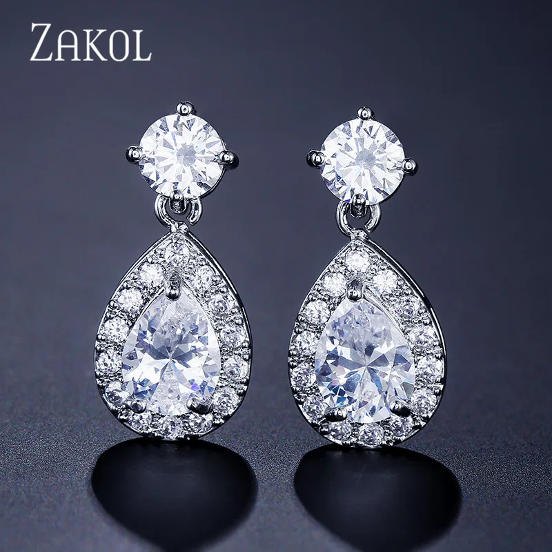 White ZAKOL никель свободный моды классические в форме капли Кристалл циркония свадебные серьги для невесты украшения для Для женщин FSEP091 - Окраска металла: White