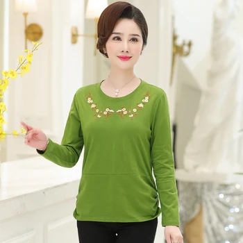 

Long Sleeve T-Shirts Clothing Middle Age Mother Tops 2020 New Spring Loose Plus Size Women O-Neck Embroidery Tee Shirt Femme
