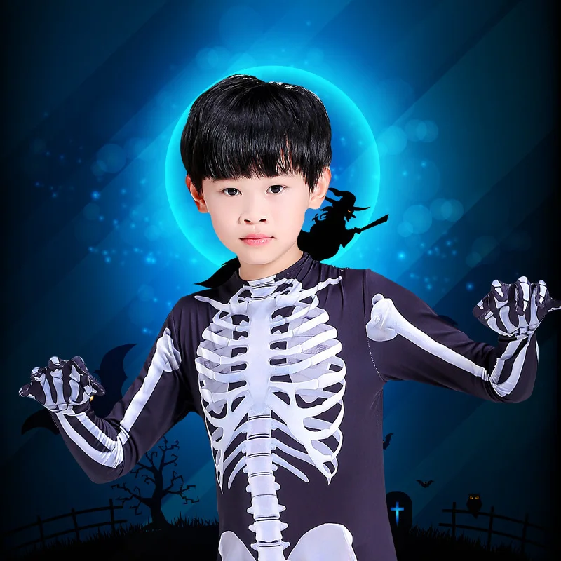 Halloween Skeleton Costume Parent-Child Cosplay Clothes Terror Masquerade Party Onesies Adult Kids Black Tight Bodysuit Zentai