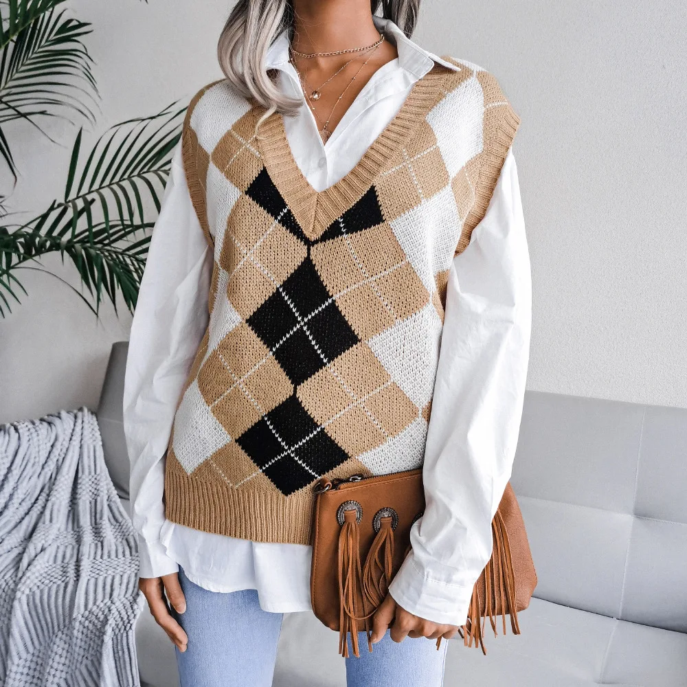 Harajuku Women's Colorblock Knitted Vest Adult Casual Loose Sleeveless Diamond Pattern V Neck Sweater for Summer |