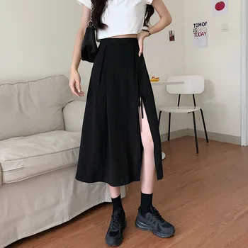 

Black and White with Pattern Large Size Slit Skirt Summer Wear for Women 2020 New Style Fat mm Skirt Slimming Mid-length High-wa