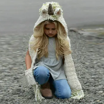 

Children's Scarf Unicorn Crochet Hooded Scarf Animal Hoodie Cowl Crochet Knitted Beanie Adult Hats Winter Warm Cute
