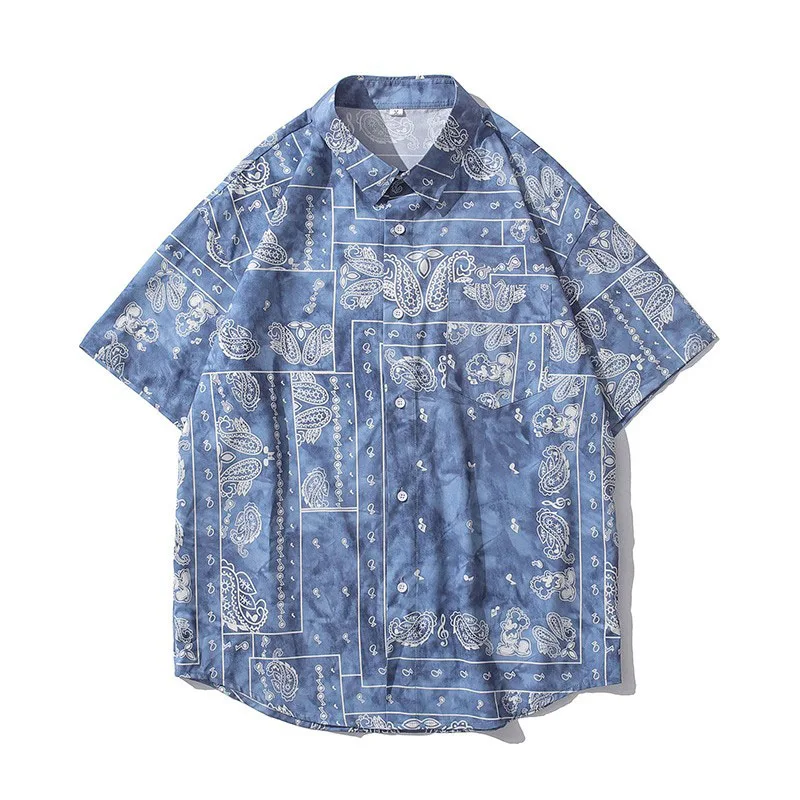 Men Shirt Short Sleeve 2021 New Arrival Summer Loose Male Shirt Thin Geometric Patterns Flowers Korean Style Red Blue Black S41