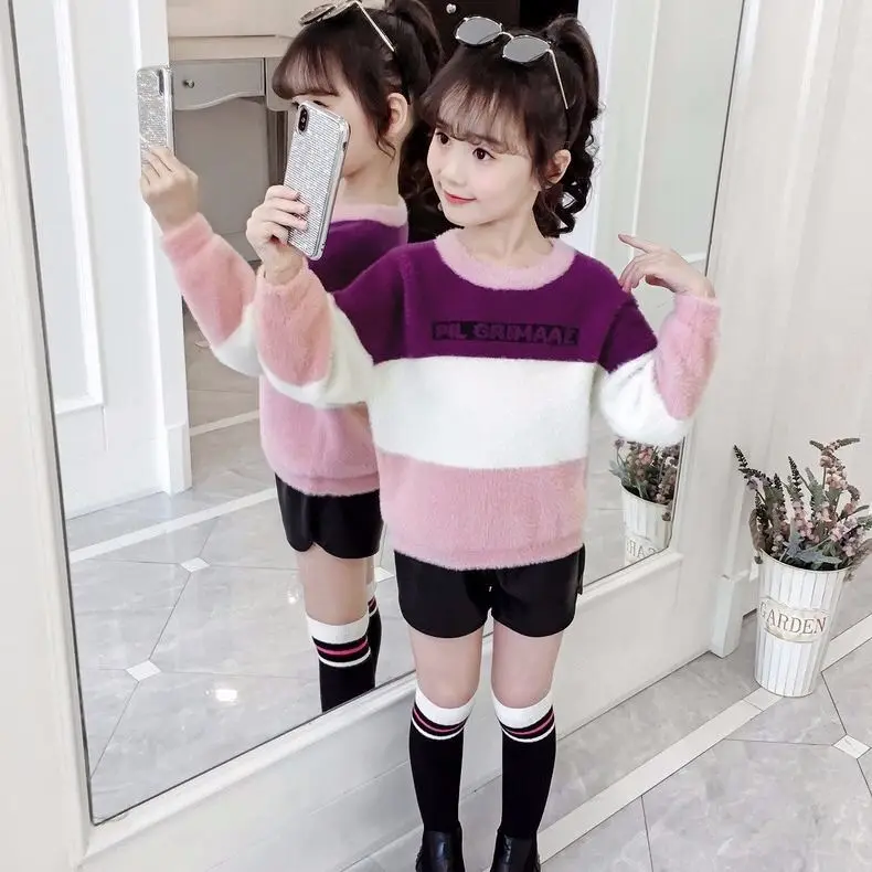 Свитера для девочек осенне-зимний детский пуловер для детей от 4 до 13 лет, вельветовый жаккардовый пуловер с надписями, 3 цвета