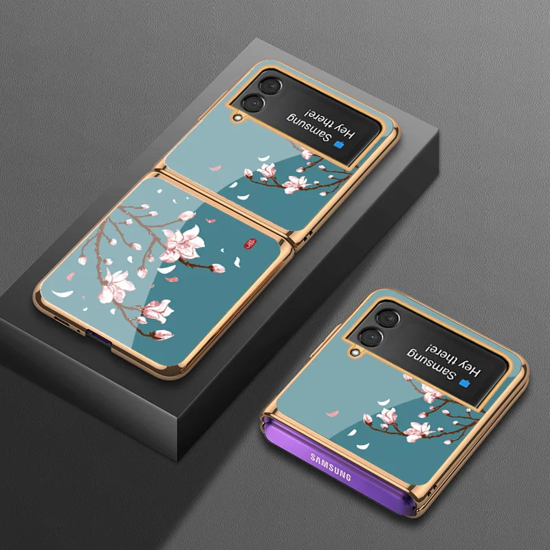 Z Flip 3 Funda Ốp Lưng Dành Cho Samsung Galaxy Samsung Galaxy Z Flip 3 Z Gấp 3 Hoa Hồng Sen Cá Hoa Văn Mạ Cường Lực kính Coque Điện Thoại Ốp Lưng kawaii phone cases samsung