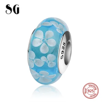 

SG silver 925 blue Murano glass beads charms with white flower petal fit original pandora bracelets jewelry accessories gifts
