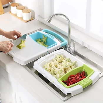 

2 In 1 Design Retractable Kitchen Multifunctional Plastic Cutting Board With Drain Basket Cutting Board
