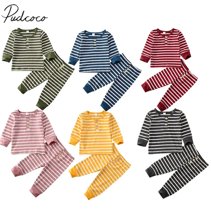 2020 Baby Spring Autumn Clothing Newborn Boy Girl Long Sleeve Stripe Button Tee Tops Pullover T-Shirt Pants Trousers Outfit | Детская
