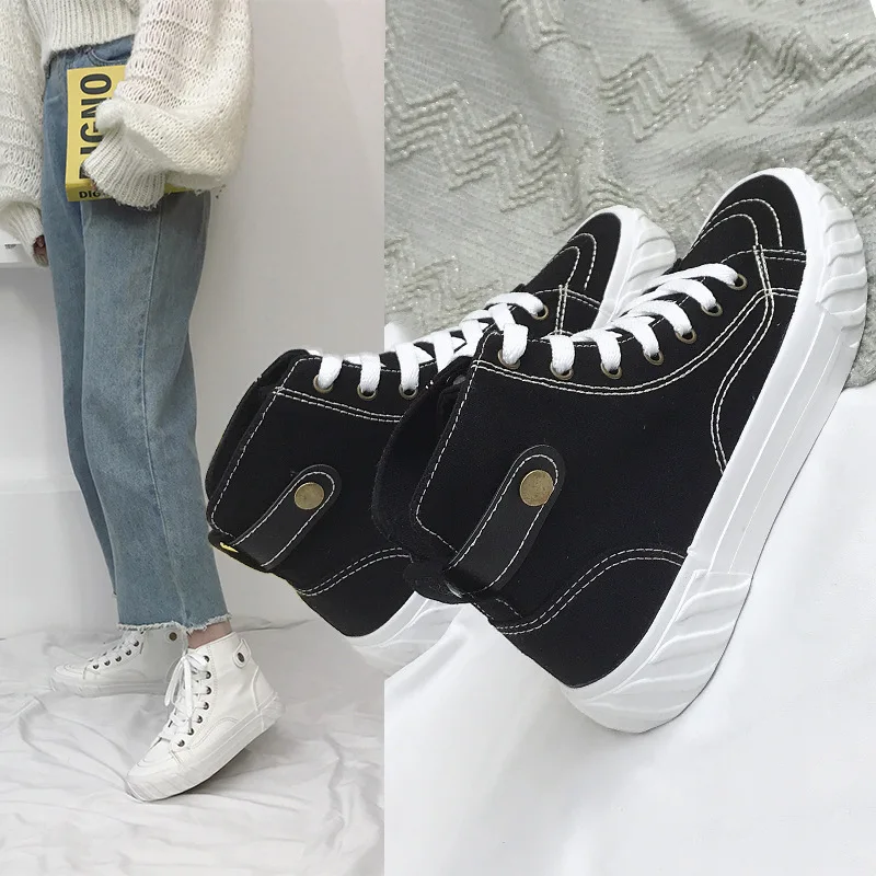 QWEDF 2019 Fashion High Top Sneakers Canvas Shoes Women Casual Shoes White Flat Female Basket Lace Up Trainers Chaussure SE-56