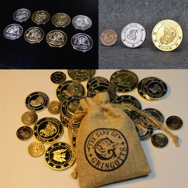 HP7 HOGWART Commemorative Coins HP Potter Gringots' Bank Coins Golden Galleon Silver Sickle Copper Knut 1:1 Metal Models HP Toys