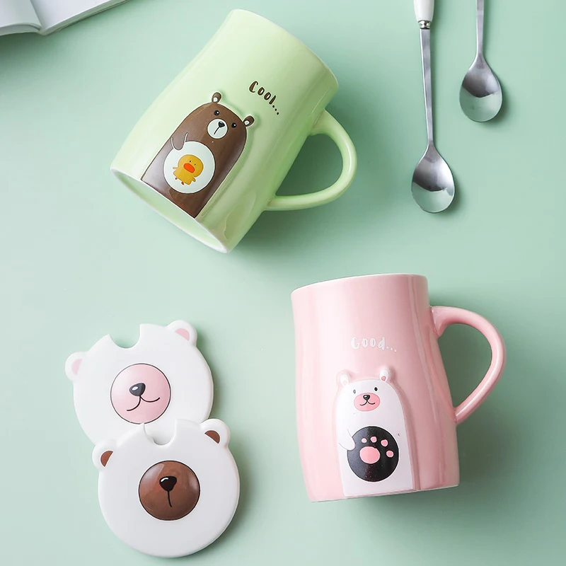 1Pc Cartoon Bear Kids Mugs with Lid Children Infant Baby Milk Cup with  Handle Spoon Wheat Straw Breakfast Mug Drink Coffee Cup - AliExpress