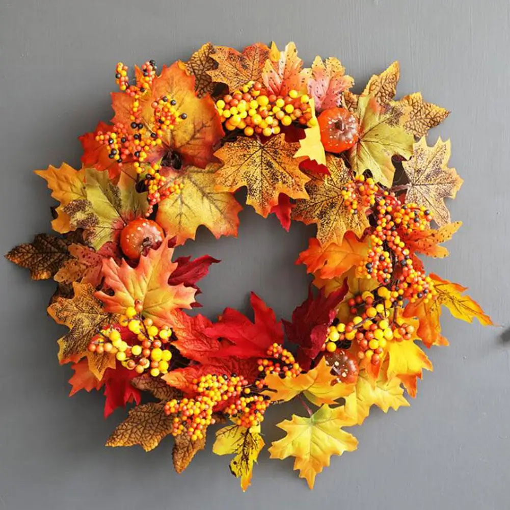 

45cm Halloween Wreath Pumpkin Berry Decoration Maple Garland Door Decoration Rattan Artificial Thanksgiving Fall Wreath