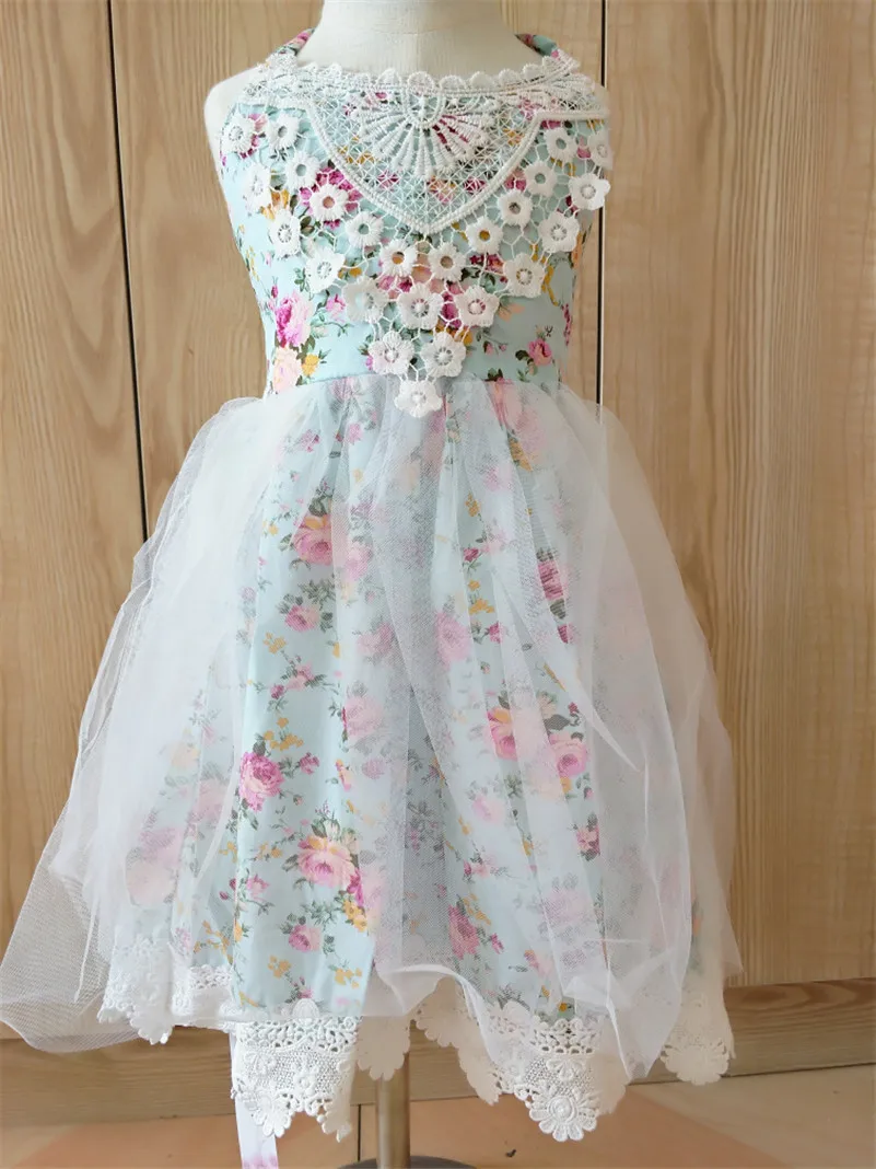 

2018 Spring Summer New Style Korean-style Lace Floral Spell Yarn Strapped Dress Girls Backless Formal One-piece Dress
