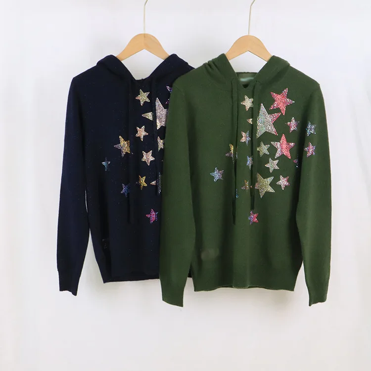 Women Sweater Autumn and Winter Models 2021 Colorful Star Hot Rhinestone Long-sleeved Pullover Hat Casual 100% Cashmere Knit | Женская