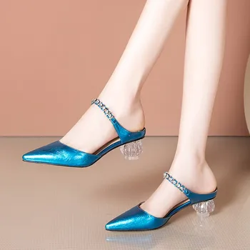 

MLJUESE 2020 women slippers Soft cow leather string bead summer crystal pointed toe blue color high heels sandals party wedding
