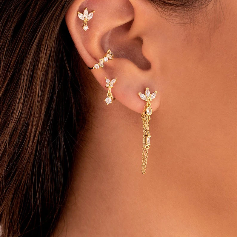 Fashion Tassel Chain Tear Drop CZ Romantic Women Earring Triple Row Cross Chain Multi Piercing Women Earrings drop earrings crystal earrings crystal tassel earrings cross earrings