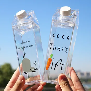 

Popular Square Plastic Clear Milk Carton Water Bottle Fashion Strawberry Transparent Milk Box Juice Water Cup for Girls BPA Free