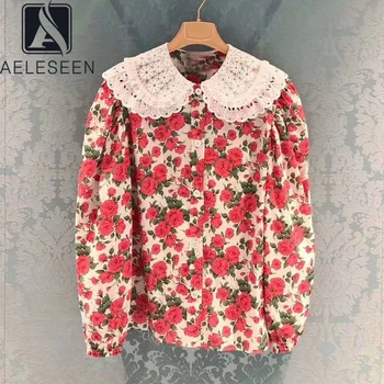 

AELESEEN Runway Fashion Women Blouse Autumn Summer Long Lantern Sleeve Lace Collar Colorful Flower Print Office Ladies Blouse