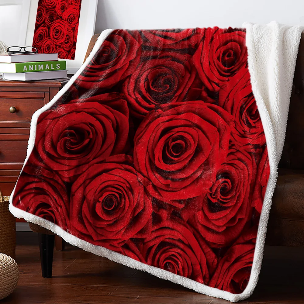 Winter Cashmere Blanket Red Rose Romatic Bed Cover Coverlet Blanket