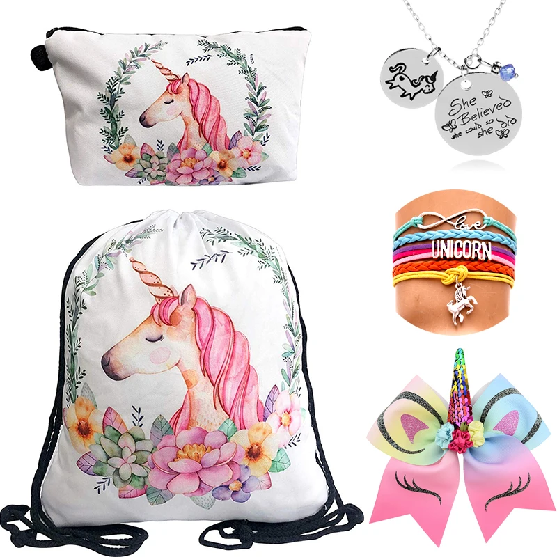 

5pcs/set Unicorn party Gifts For Kids Birthdays Drawstring Backpack Kit Christmas Goodies/Presents Unicorn Party Favor for Girls