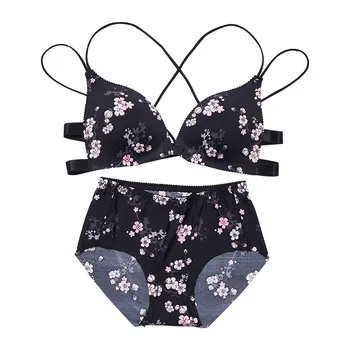 

Sexy Bra Briefs Set Women Front Buckle And Cross Back Flower Print Push up Underwear Gathered Bra And Panties Sets