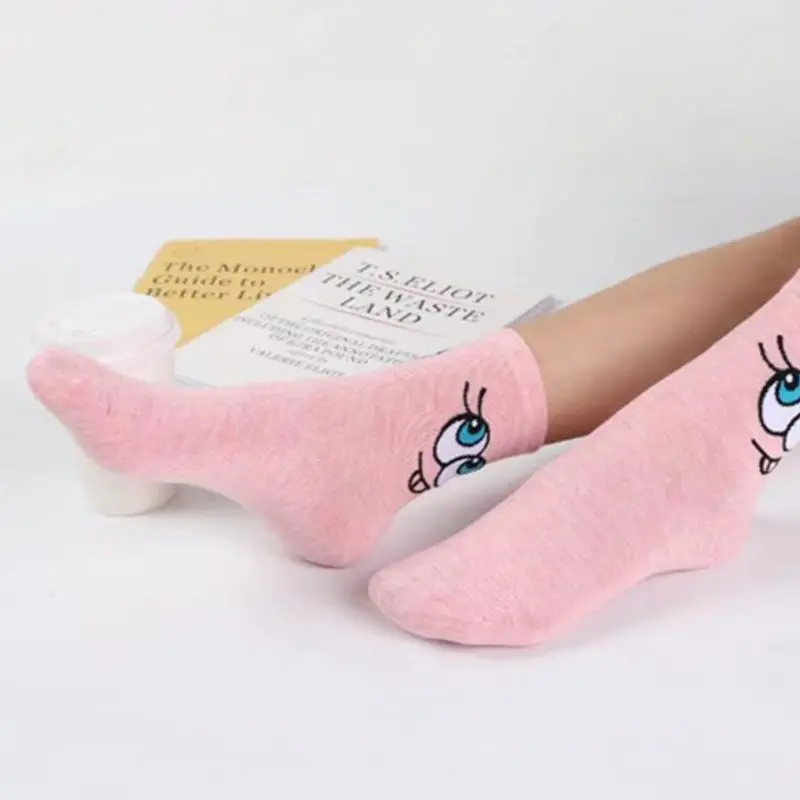 5 Pairs Harajuku Women Cotton Crew Socks Big Eyes Expression Print Tube Hosiery