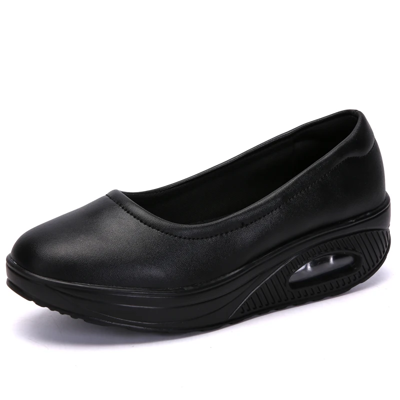 Women Flat Platform Toning Shoes Slip on Ladies Leather Casual Walking Shoes Outdoor Women Wedge Black White Slimming