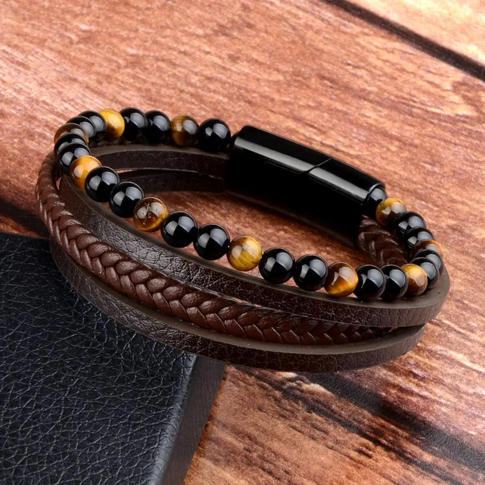 Genuine Leather Men Bracelets Natural Stone Tiger Eye Beads Multilayer Leather Bracelets For Man Jewelry leather bracelets