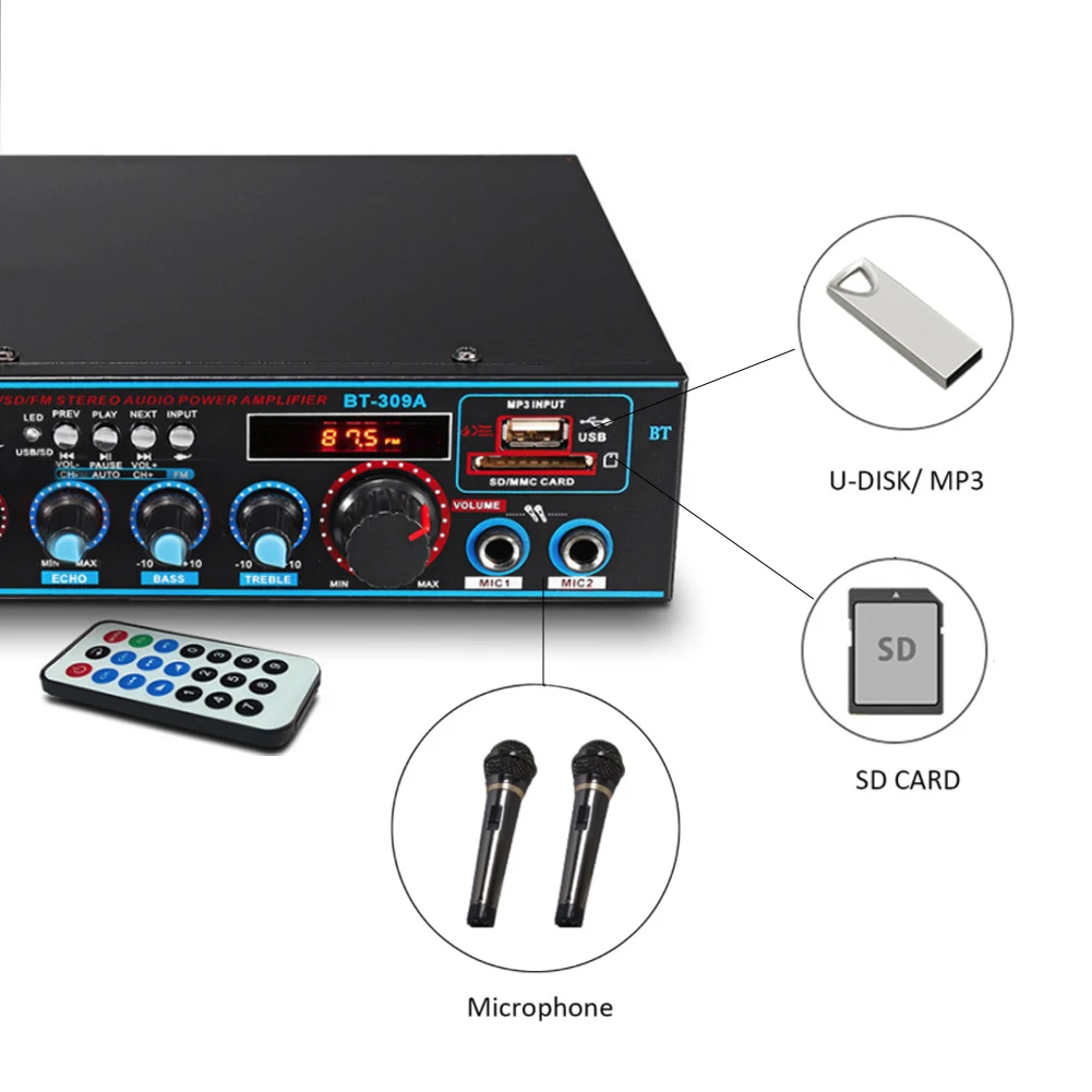 HIFI Цифровой Bluetooth аудио усилитель мощности Встроенный ЖК-дисплей с пультом дистанционного управления Поддержка Bluetooth FM USB SD карта