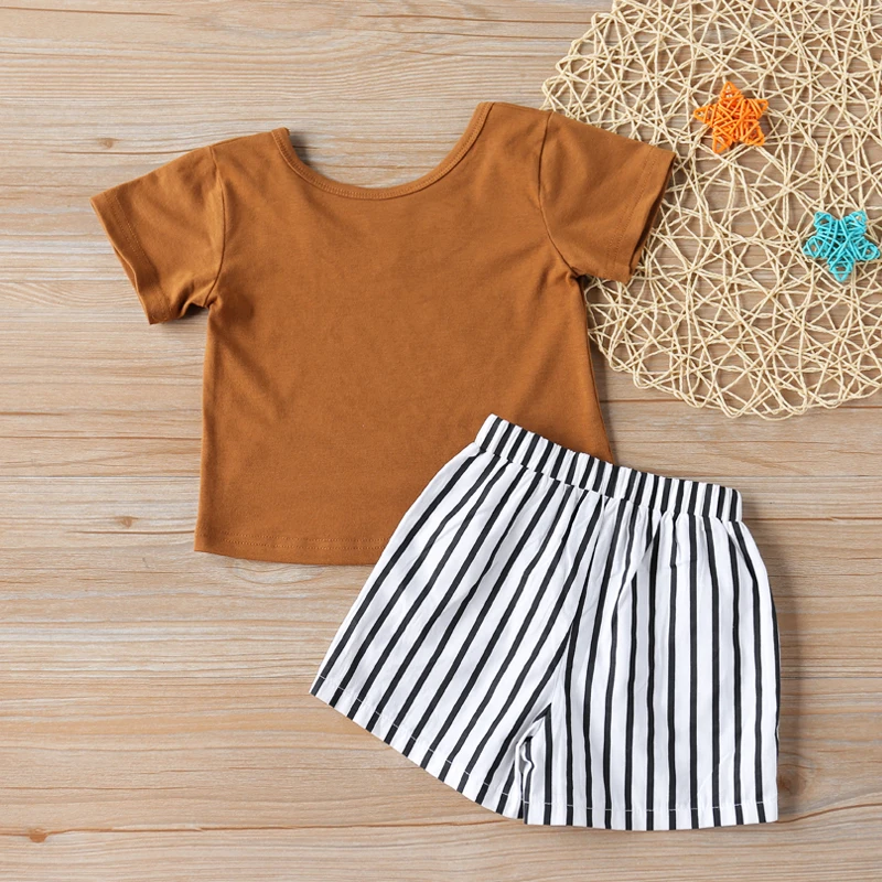 Humor Bear Girls Clothes Set Summer Short Sleeve Round Neck T-Shirt +Striped Shorts 2pcs Casual Kids Clothes