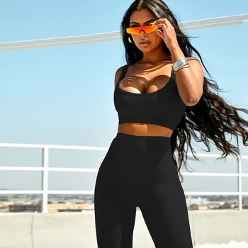 

Fashion Women Fitness Set Two Piece Set Crop Top Leggings Padded High Waist Bodycon Running Gym Outfit Sportswear